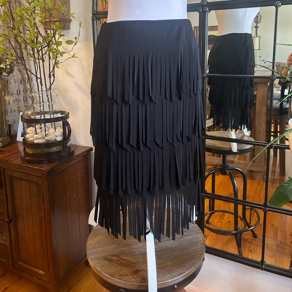 Cache Black Asymmetrical Fringe Skirt